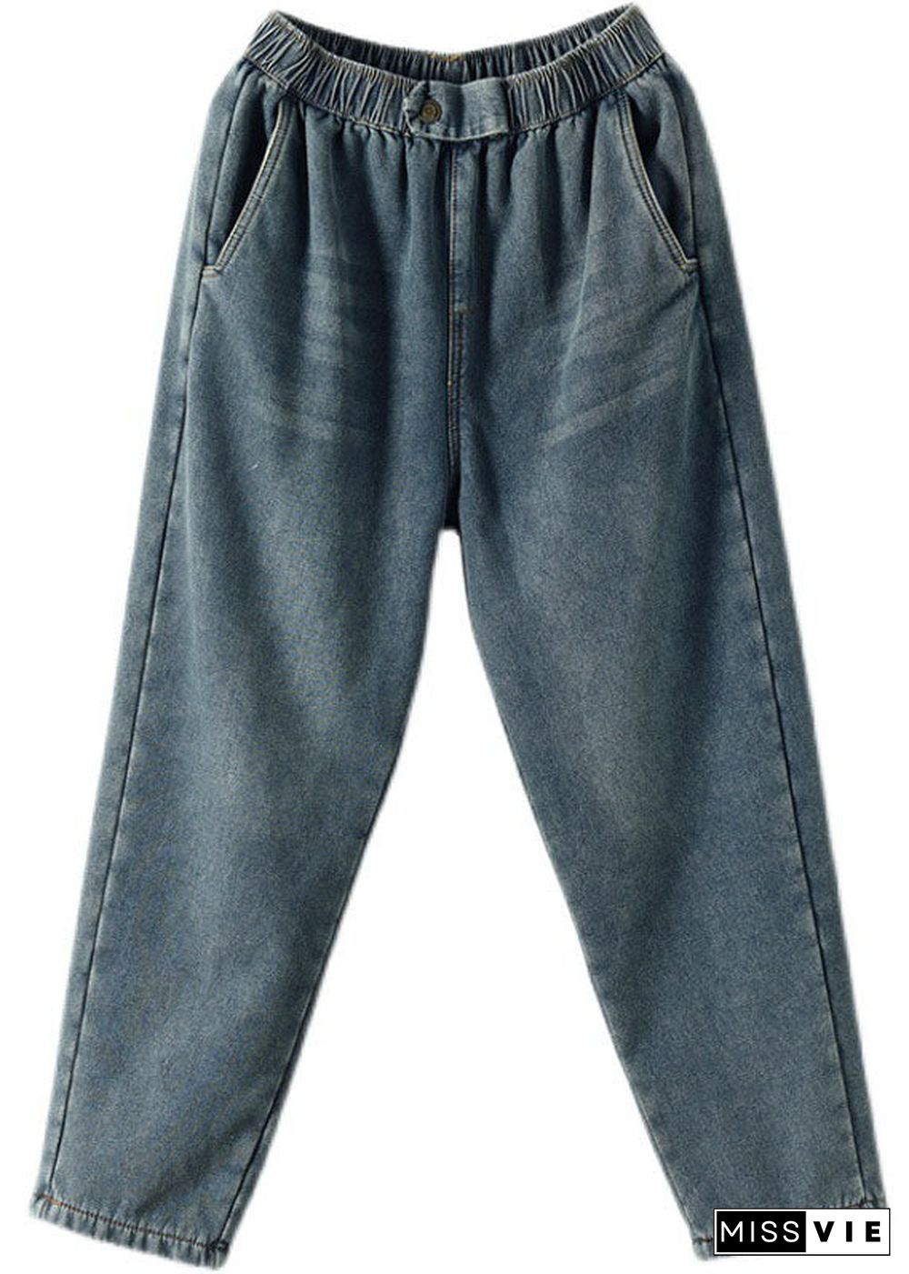 Boho Denim Blue Elastic Waist Pockets Thick Warm Fleece Harem Pants Winter