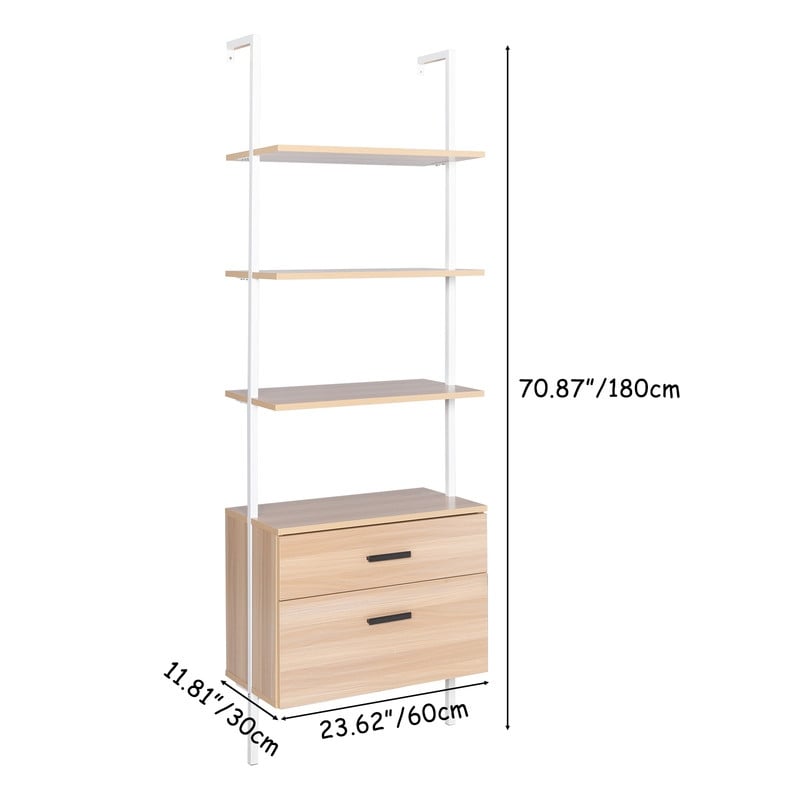 4 Tier Industrial Bookshelf with Wood Drawers and Matte Steel Frame