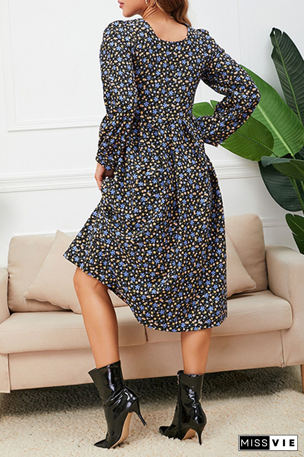 Elegant Floral Split Joint Square Collar A Line Dresses