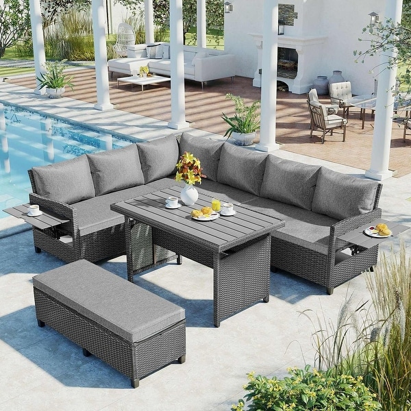 5 PCS L Shape Outdoor Patio Furniture，Rattan Sofa Set with Dining Table