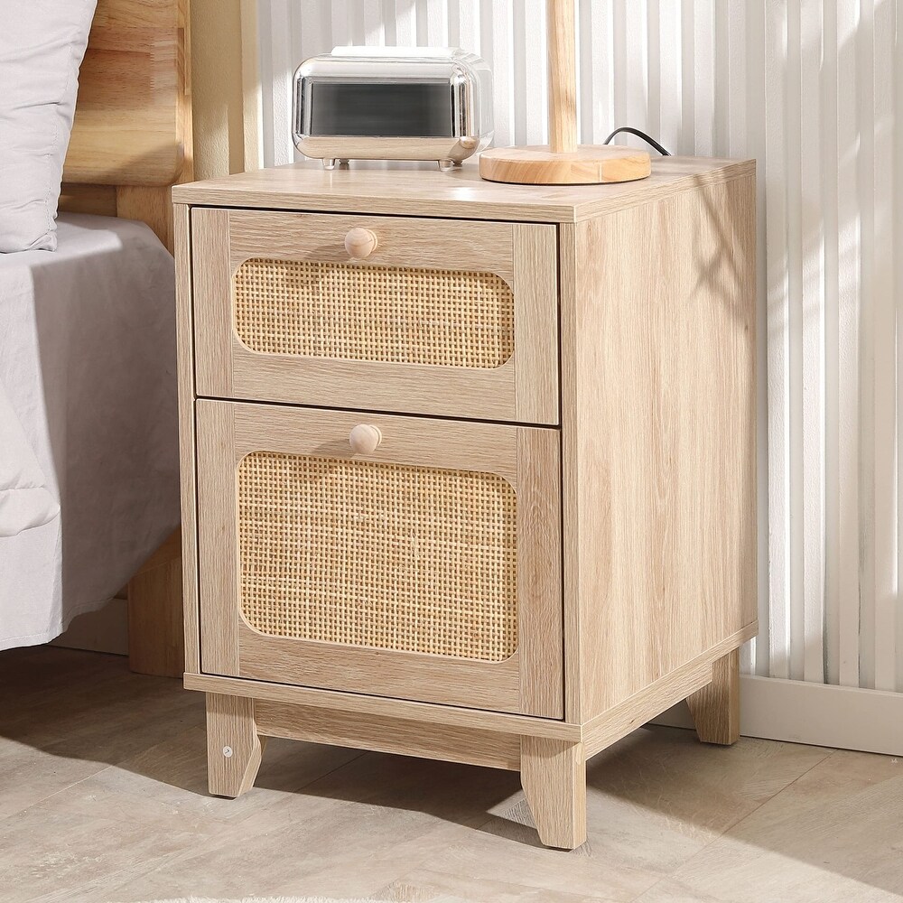 Rattan Nightstand with Charging Station  Boho Side Table with Handmade Rattan Decorated Drawer and Door