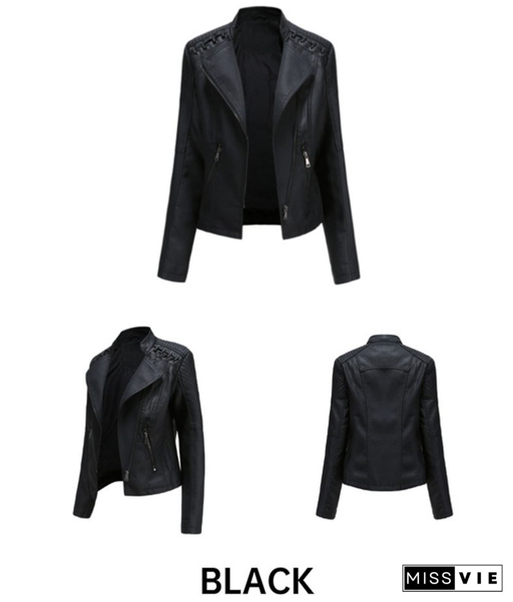 High-quality Fashion Ladies Zipper Casual PU Leather Soft Motorcycle Leather Jacket Coat