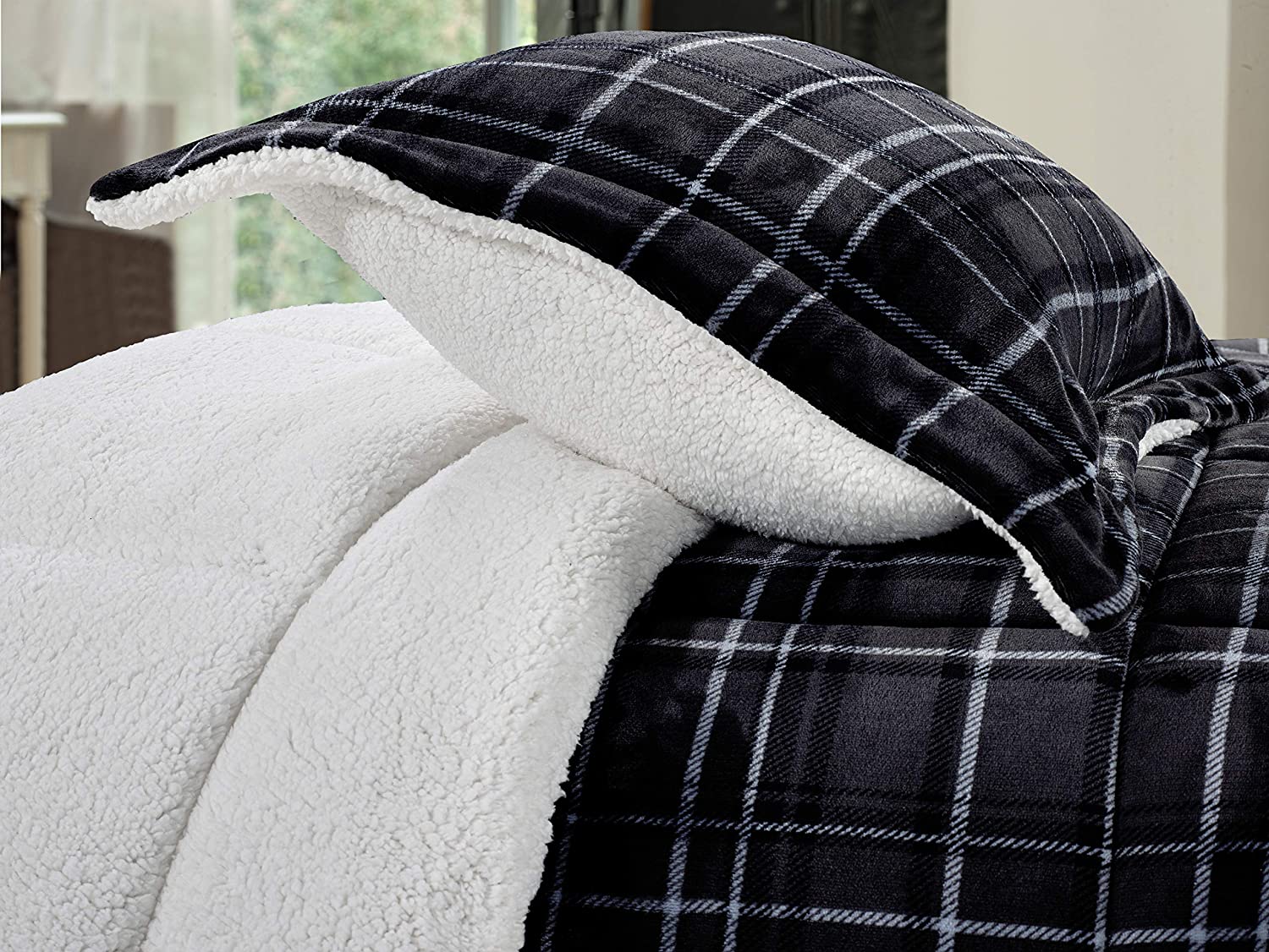 Softest Coziest Plaid Pattern Sherpa Premium Quality Down Alternative Micro-Suede 3-Piece Reversible Comforter Set