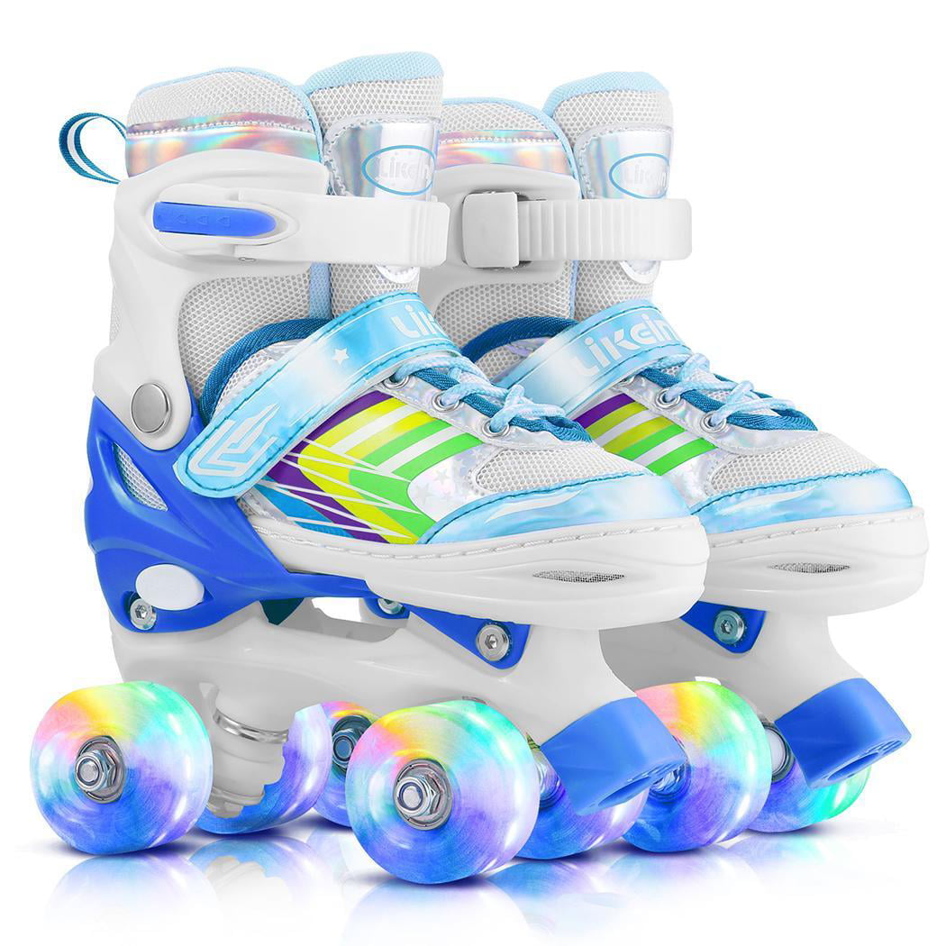 Likein Kids Adjustable Double Row Skates with Light up Wheels， Illuminating Roller Skates for Boys， Girls， Beginners AG2O， Blue