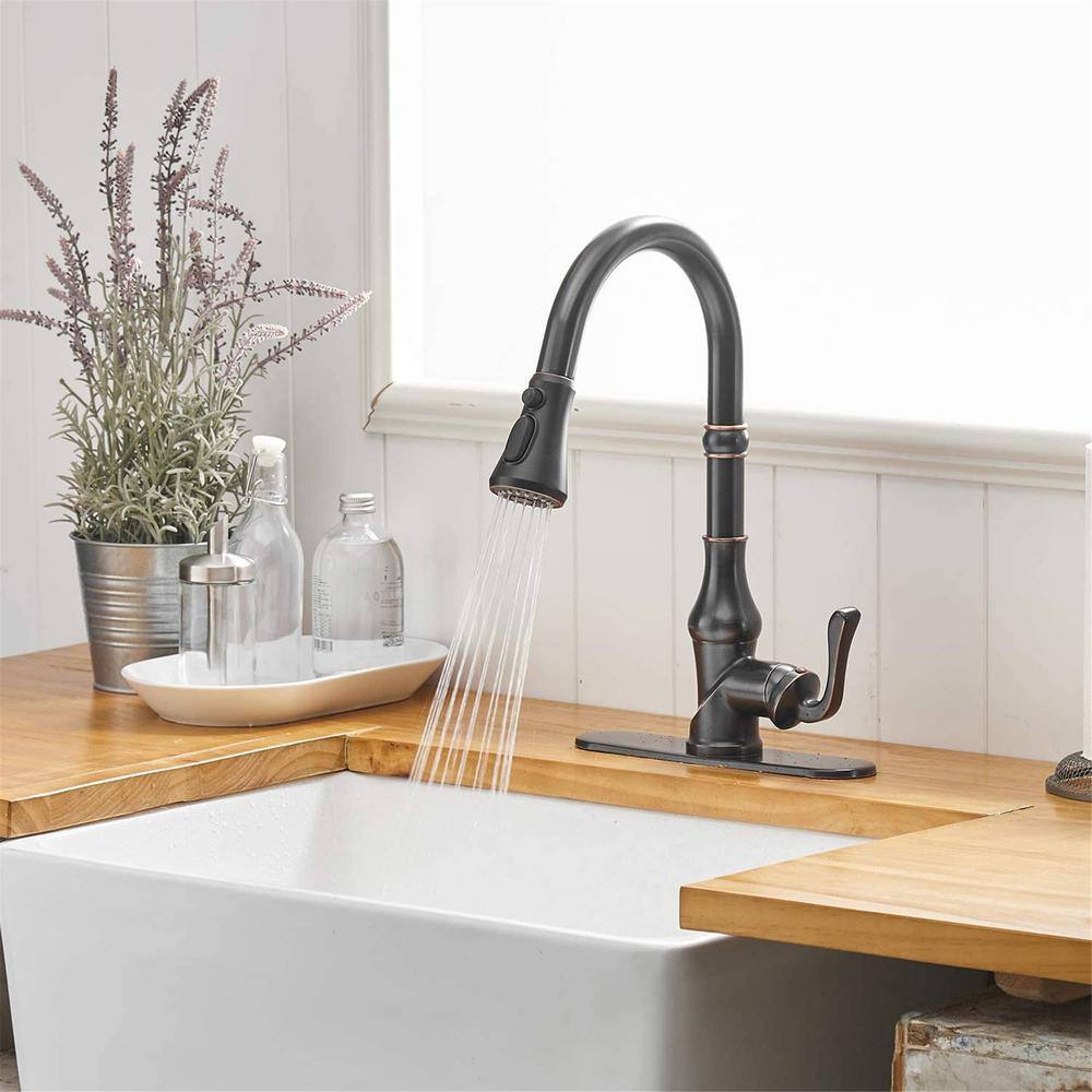 FLG Single-Handle Deck Mount Gooseneck Pull Down Kitchen Faucet with Sprayer and Deckplate Included in Oil Rubbed Bronze LE-0017-ORB