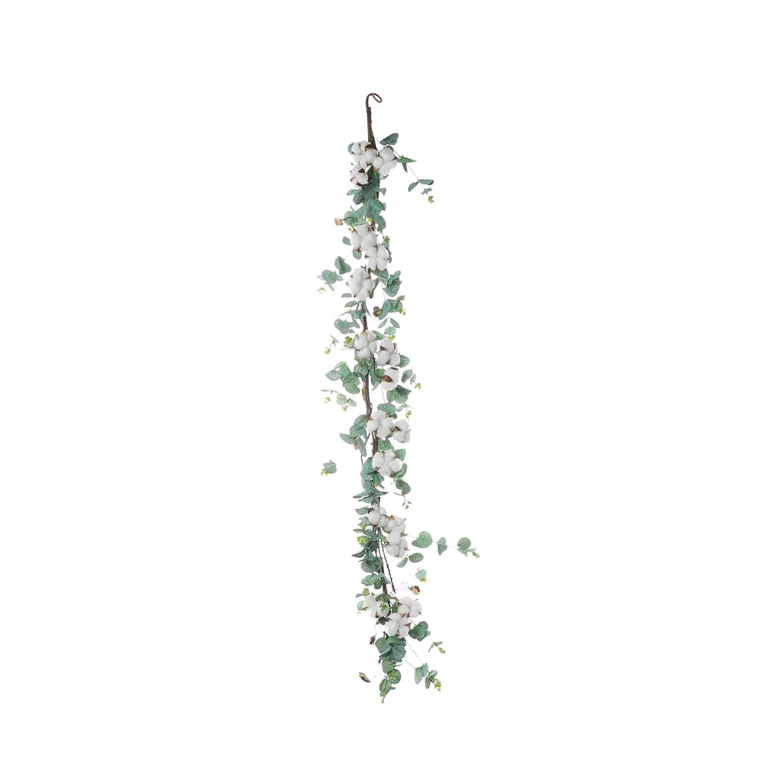 Green Artificial Eucalyptus Leaf, White Cotton Ball Garland Vine 5ft