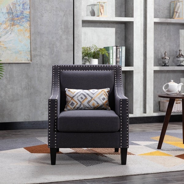 Linen Accent Armchair Living Room With Nailheads And Solid Wood Legs