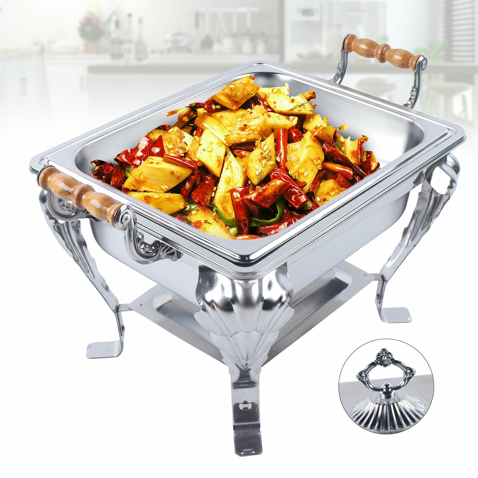 OUKANING Chafing Dish Half Size Food Warmer Stainless Steel Container with Wooden Handle