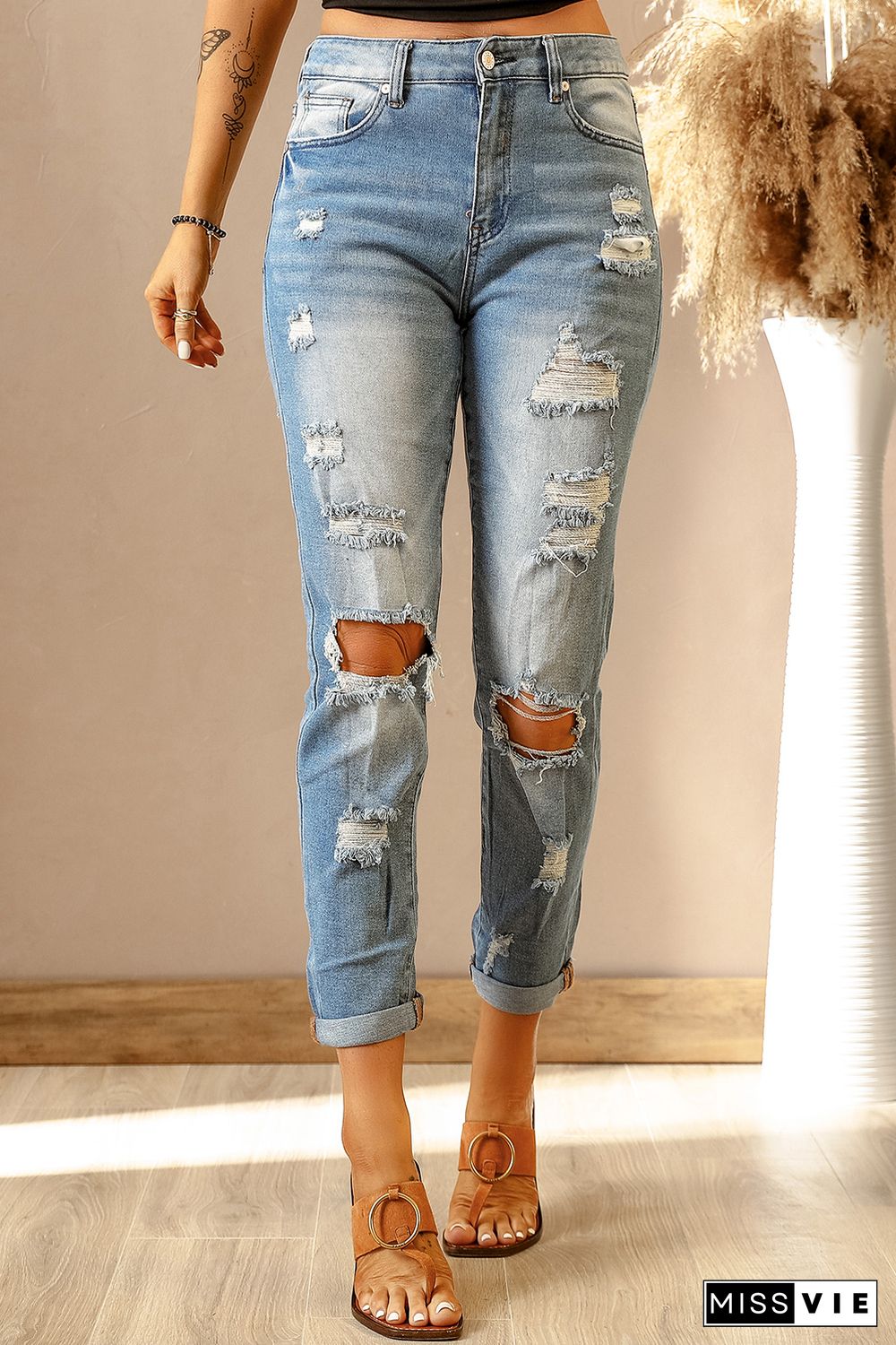 Light Blue Washed Ripped Straight Legs Jeans