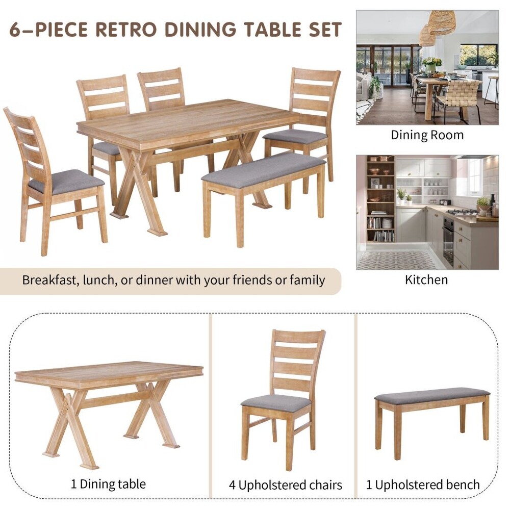 6 Piece Dining Table Set with Unique Legs and 4 Upholstered Chairs   1 Bench