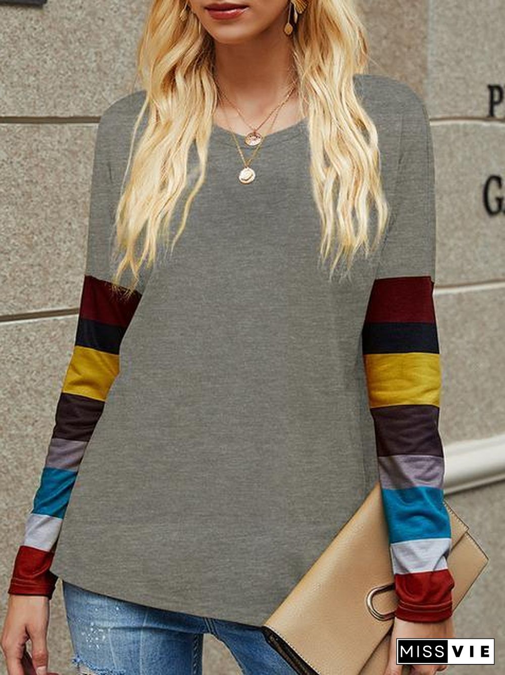 Casual Round Neck Striped Long Sleeve T-Shirt