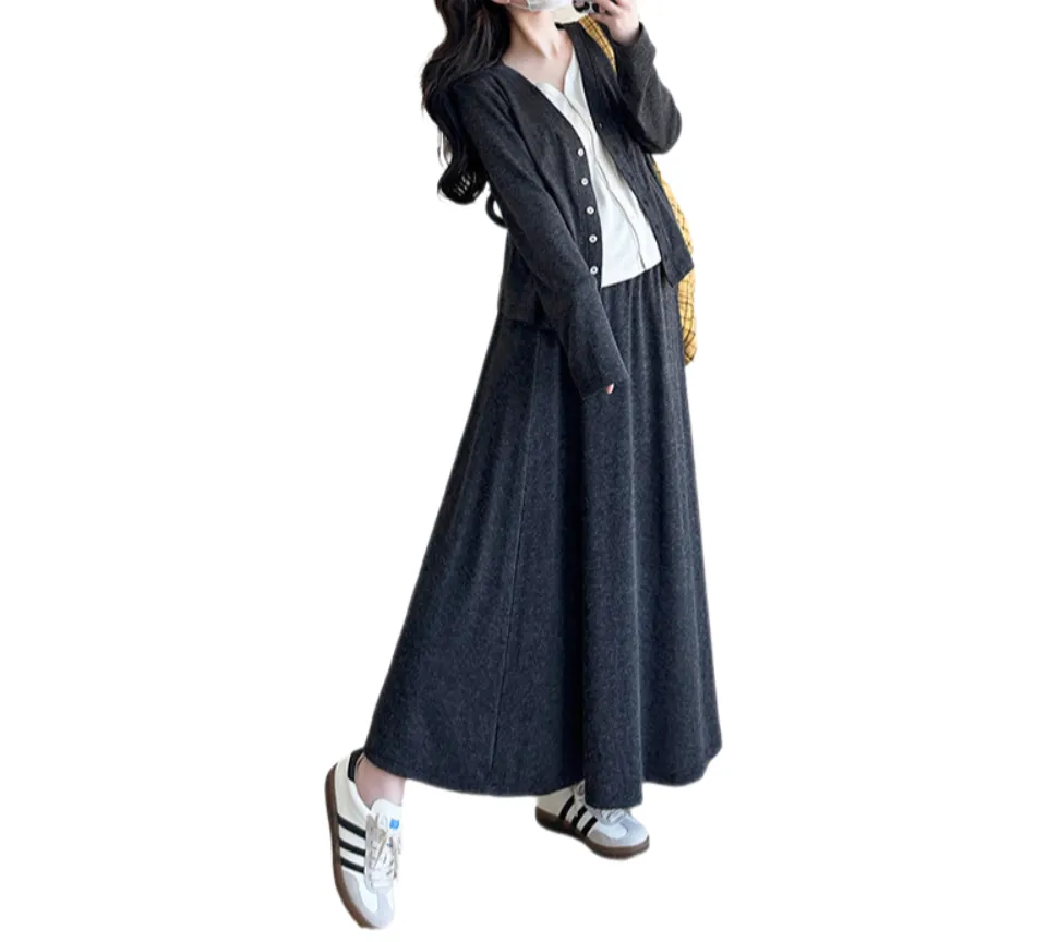 2024 Autumn Maternity Two-Piece Set – Faux Layered Long-Sleeve T-Shirt + Skirt