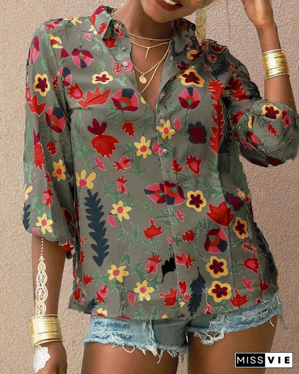 Sweet Holiday Floral Casual Button up Blouses