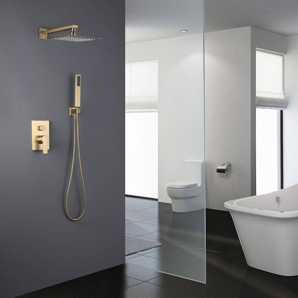 IHOMEadore 1-Spray Square Wall Bar Shower Kit with Hand Shower in Brushed Gold MD-RCS85018BG