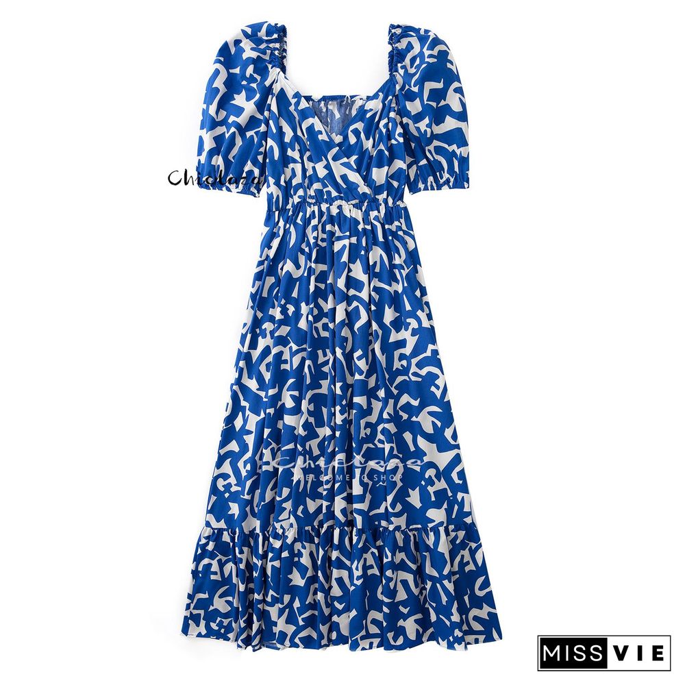 CHICLAZA Women New Summer Sexy V Neck Party Dress Ladies Casual Solid Print A Line Midi Beach Dresses Female