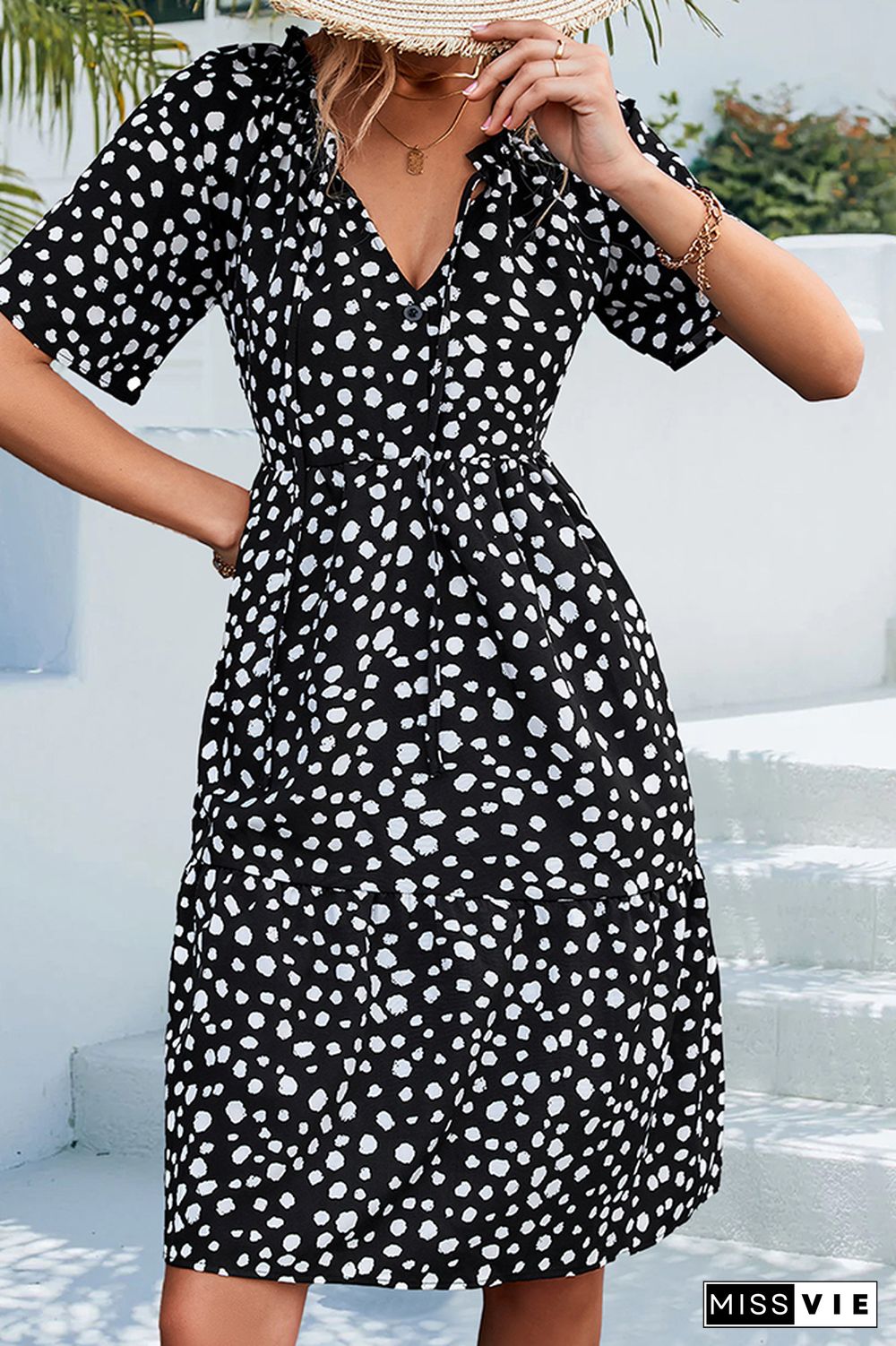 Ruffles Split Collar Leopard Print Button Shirt Dress