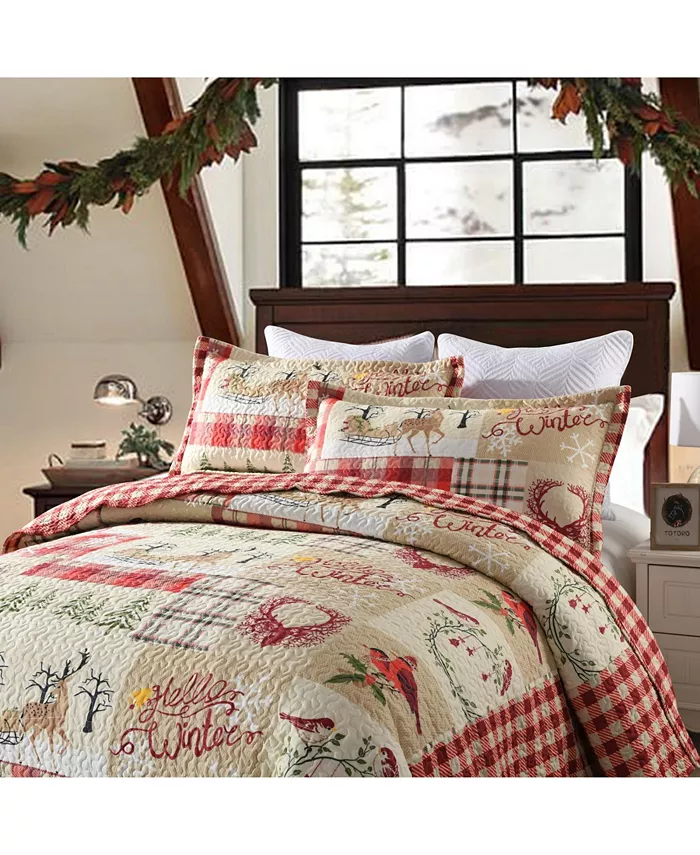 MarCielo 3 Piece Christmas Quilt Bedspread Set Rustic Cabin Lodge Quilt B010 - Queen