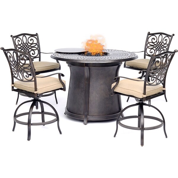 Hanover Traditions 5Piece HighDining Set with 4 Swivel Chairs and a 40，000 BTU Casttop Fire Pit Table