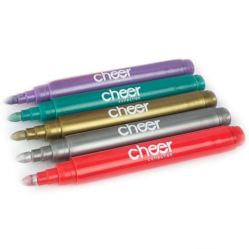 Cheer Collection Metallic Colors Wine Glass Markers， Pack of 5 Washable Pens， Easy Erase， Dries Fast