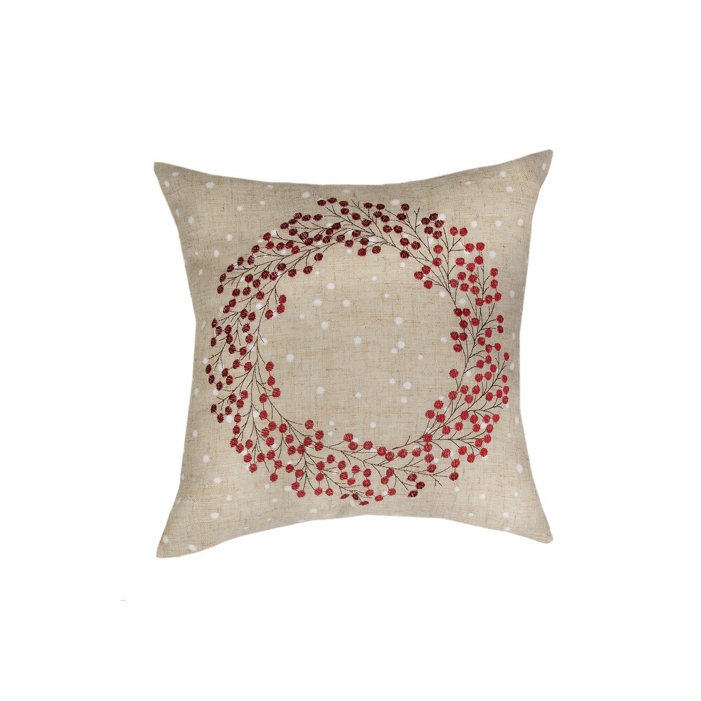 Holly Berry Wreath Embroidered Christmas Pillow  14 by 14 Inch