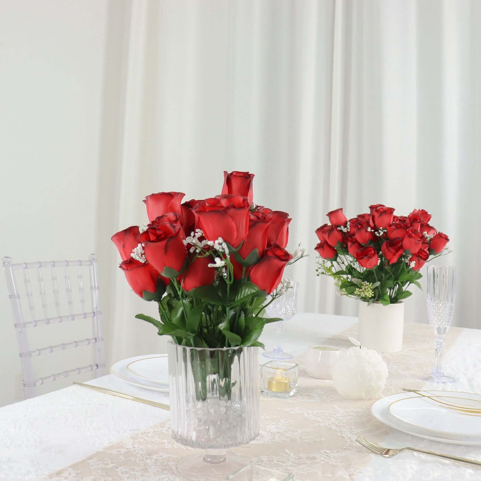 12 Bushes Red, Black Artificial Premium Silk Flower Rose Bud Bouquets