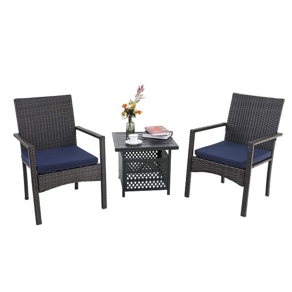 3-piece Patio Bistro Set， Rattan Chairs and Metal Side Table with Umbrella Hole - Overstock - 32355552