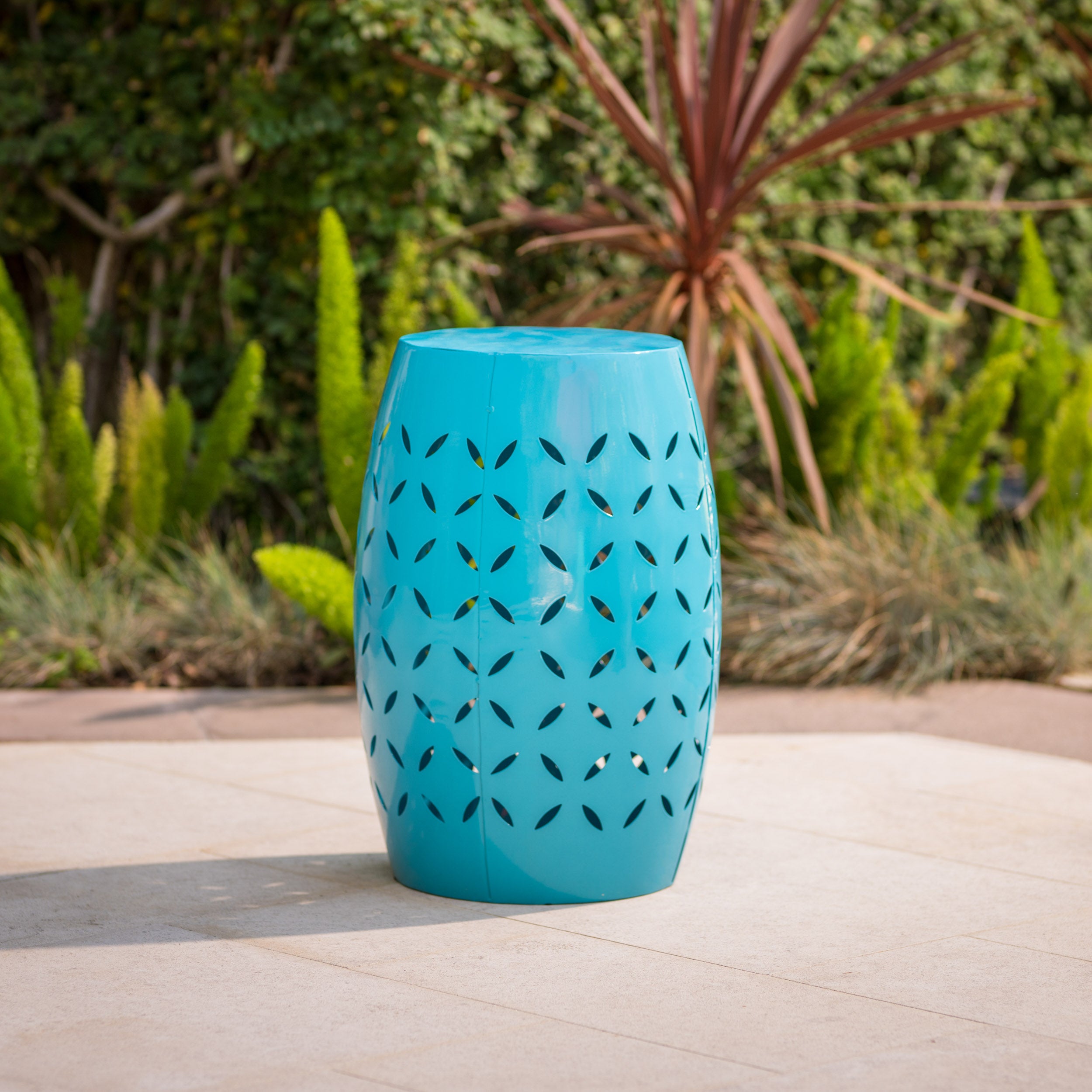 Lilly Outdoor Modern 12-Inch Criss-Cross Cut Metal Barrel Side Table