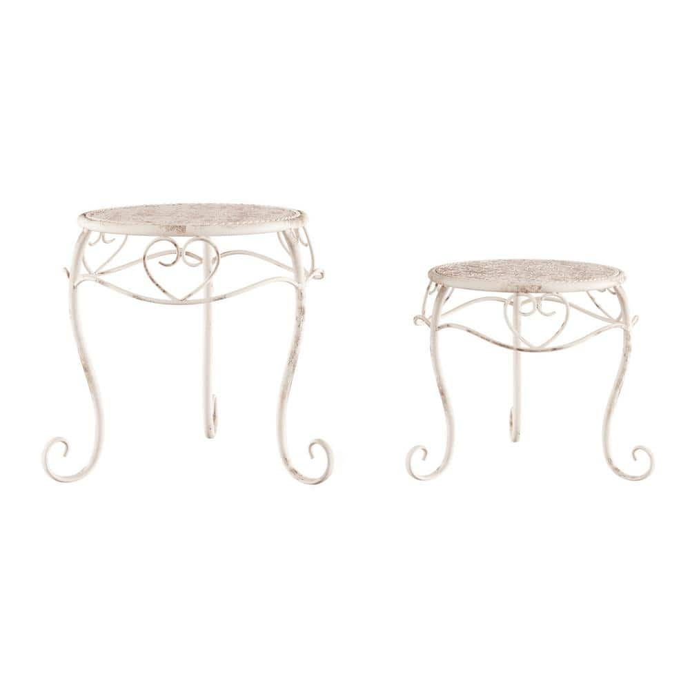 Pure Garden Antique White Metal Decorative Round Nesting Plant Stands (Set of 2) HW1500195