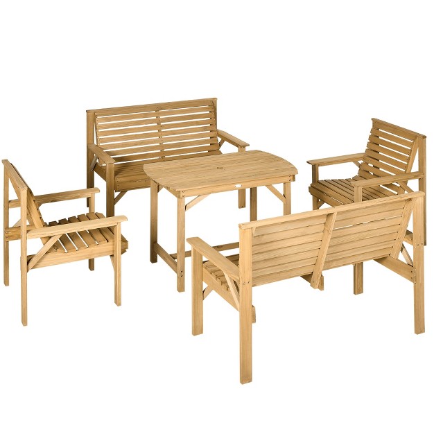 Outsunny 5 Piece Patio Furniture 6 Seat Outdoor Dining Set Natural Wood Dinner Table 2 Chairs Loveseats With Armrests amp Umbrella Hole Light Brown