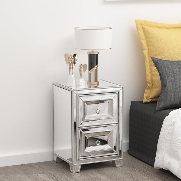 Mirrored Nightstand with 2 Drawers， Silver Side Table， Antique Painted End Table for Bedroom Living Room - - 37569442