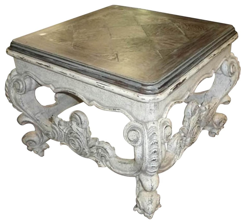 End Table Baroque Rococo Carved  Distressed White Wood  Oak Parquet   French Country   Side Tables And End Tables   by EuroLuxHome  Houzz