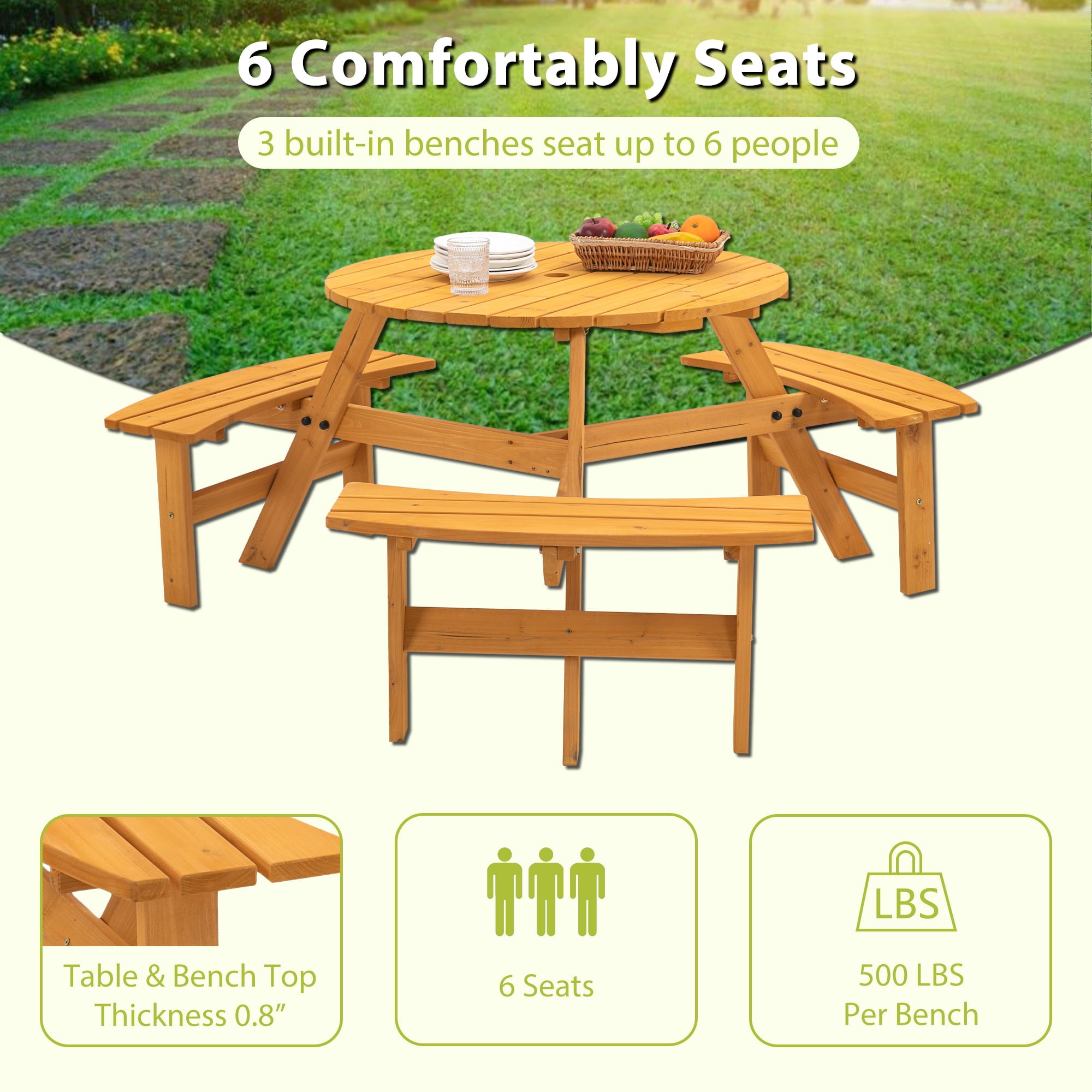 6-Person Circular Outdoor Wooden Picnic Table w/ 3 Built-In Benches 500lb Capacity for Patio， Backyard， Garden - Natural