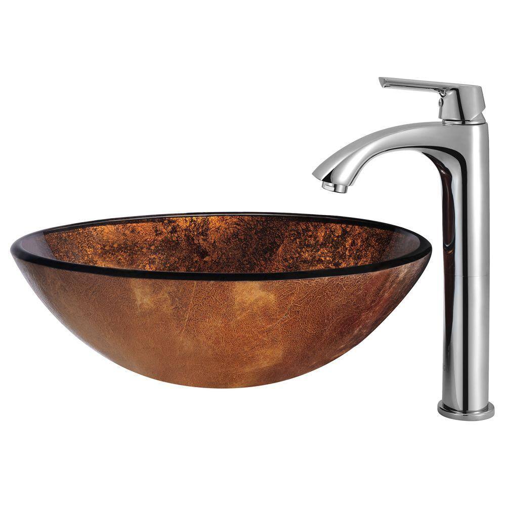 VIGO Glass Round Vessel Bathroom Sink in Russet Brown with Linus Faucet and Pop-Up Drain in Chrome VGT110