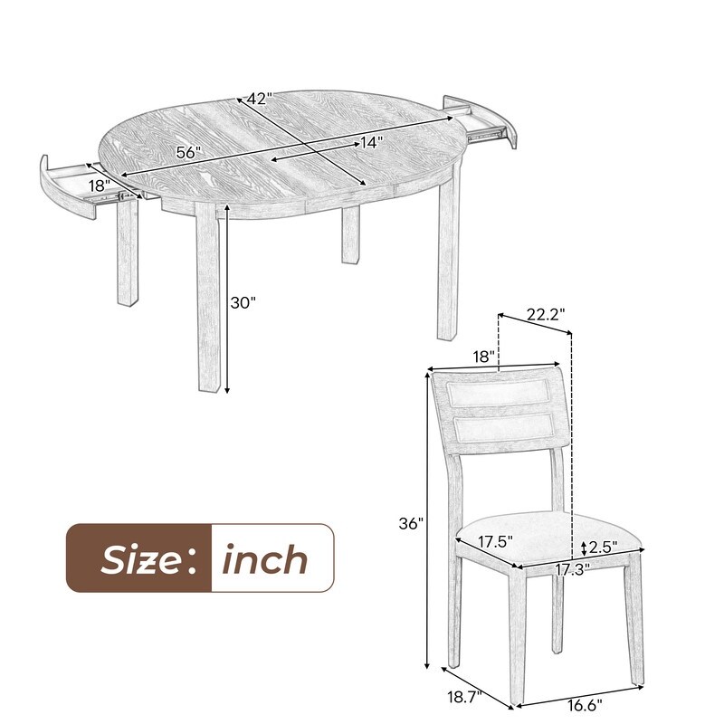 Farmhouse Style 5 Piece Multifunctional Dining Set with Extendable Round Table  Two Drawers and 4 Upholstered Dining Chairs