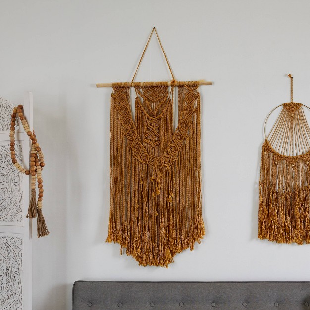 X 27 quot Fabric Macrame Handmade Intricately Weaved Wall Decor With Beaded Fringe Tassels Brown Olivia amp May