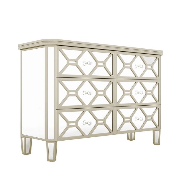 Elegant Mirrored 6-Drawer Dresser with Golden Lines Storage Cabinet - - 37857287