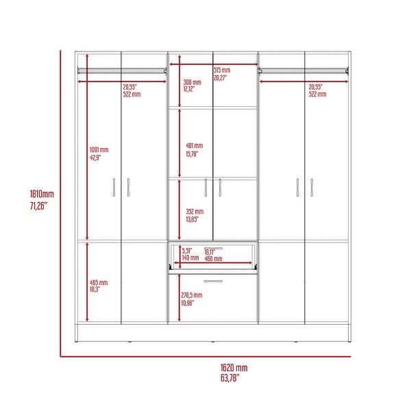 Kibo Six Door Modern Armoire with One Drawer， Rod， Seven Interior Shelves - - 34518437