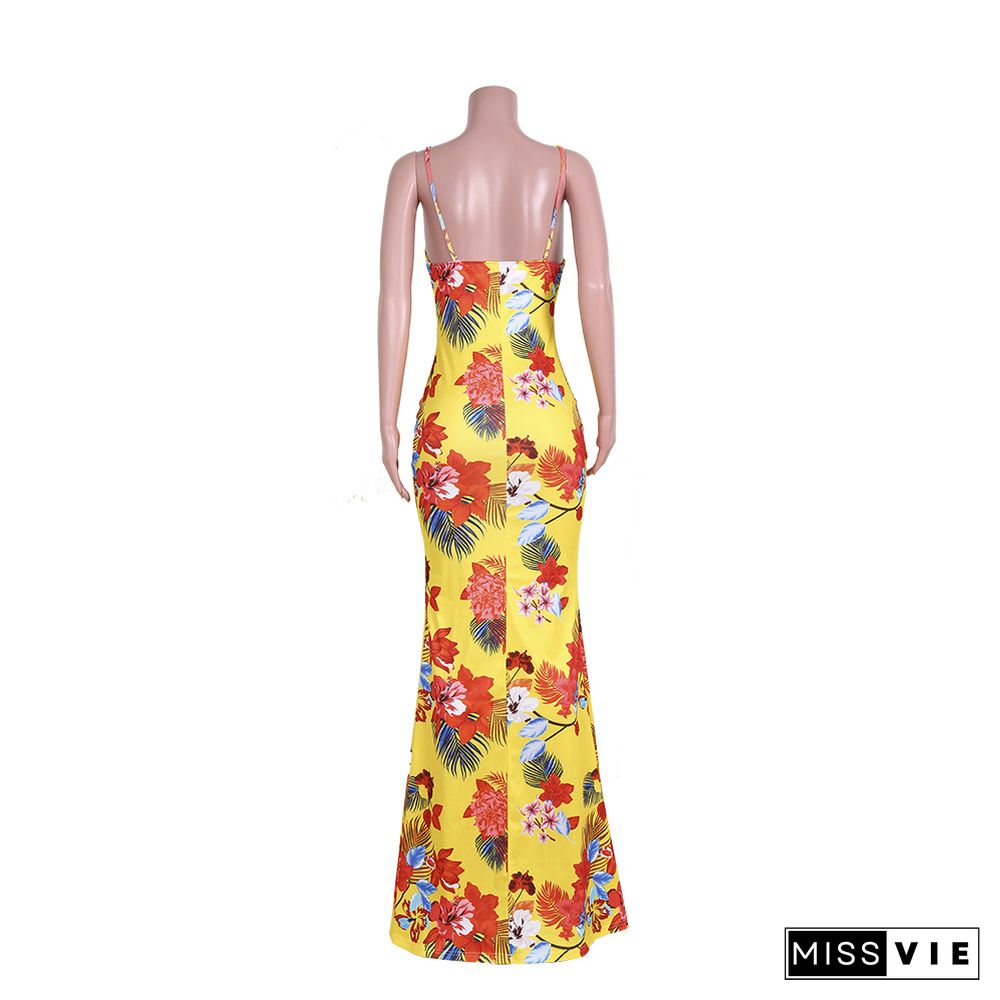 Beach Boho Floral Print Cut Out Backless Maxi Dresses