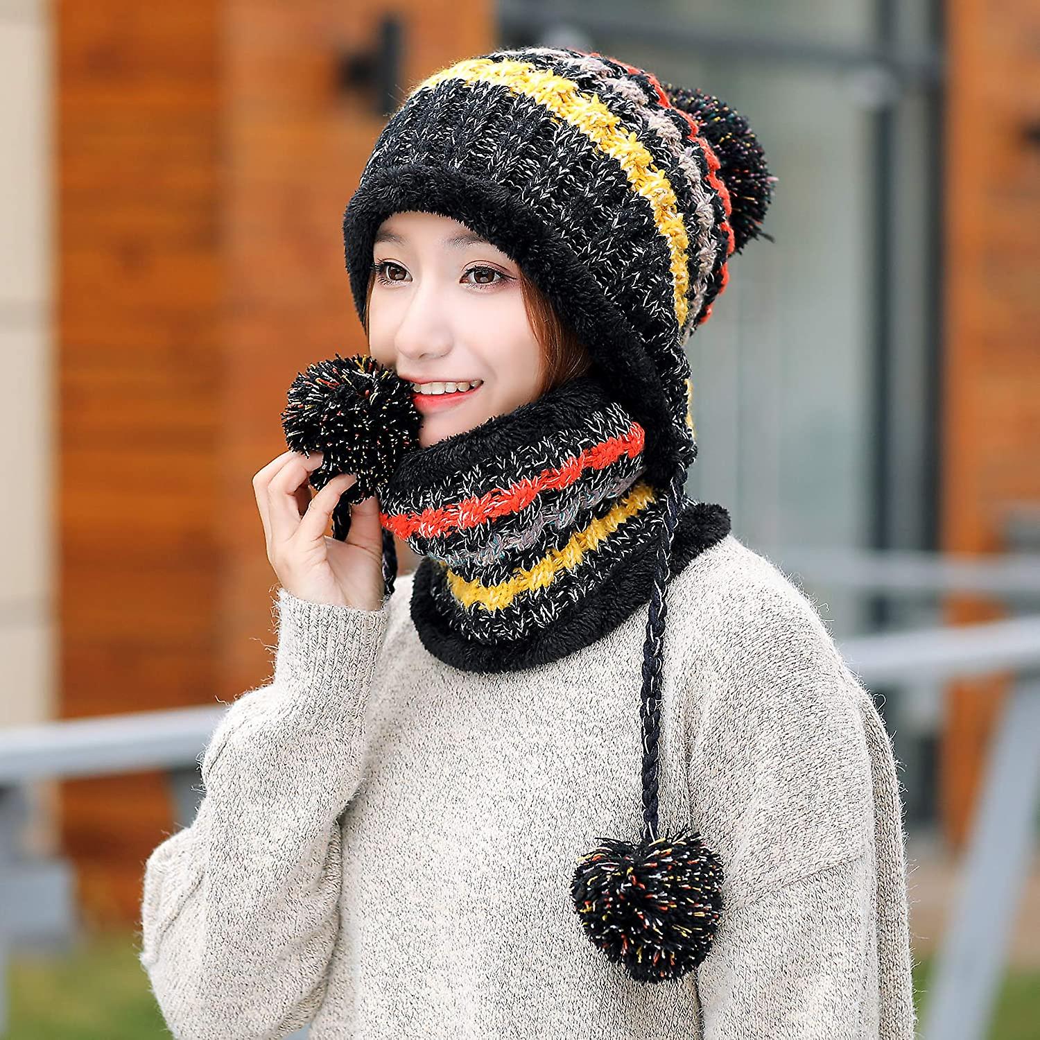 Women Winter Beanie Hat Peruvian Circle Scarf Set Ski Ear Flaps Caps Dual Layered Fleece Lined Pompoms A3-m8771-black -