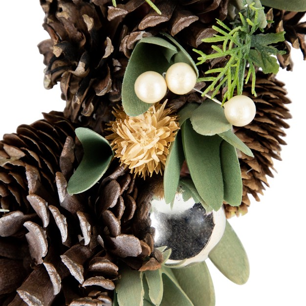 Northlight Silver And Green Mixed Foliage And Pinecone Christmas Wreath 13 5 inch Unlit