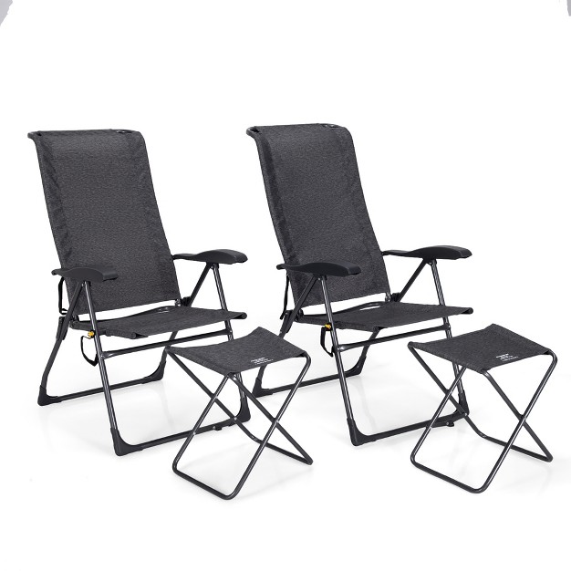 Costway 4pcs Patio Folding Dining Chair Ottoman Set Adjustable Back Camp Gray black