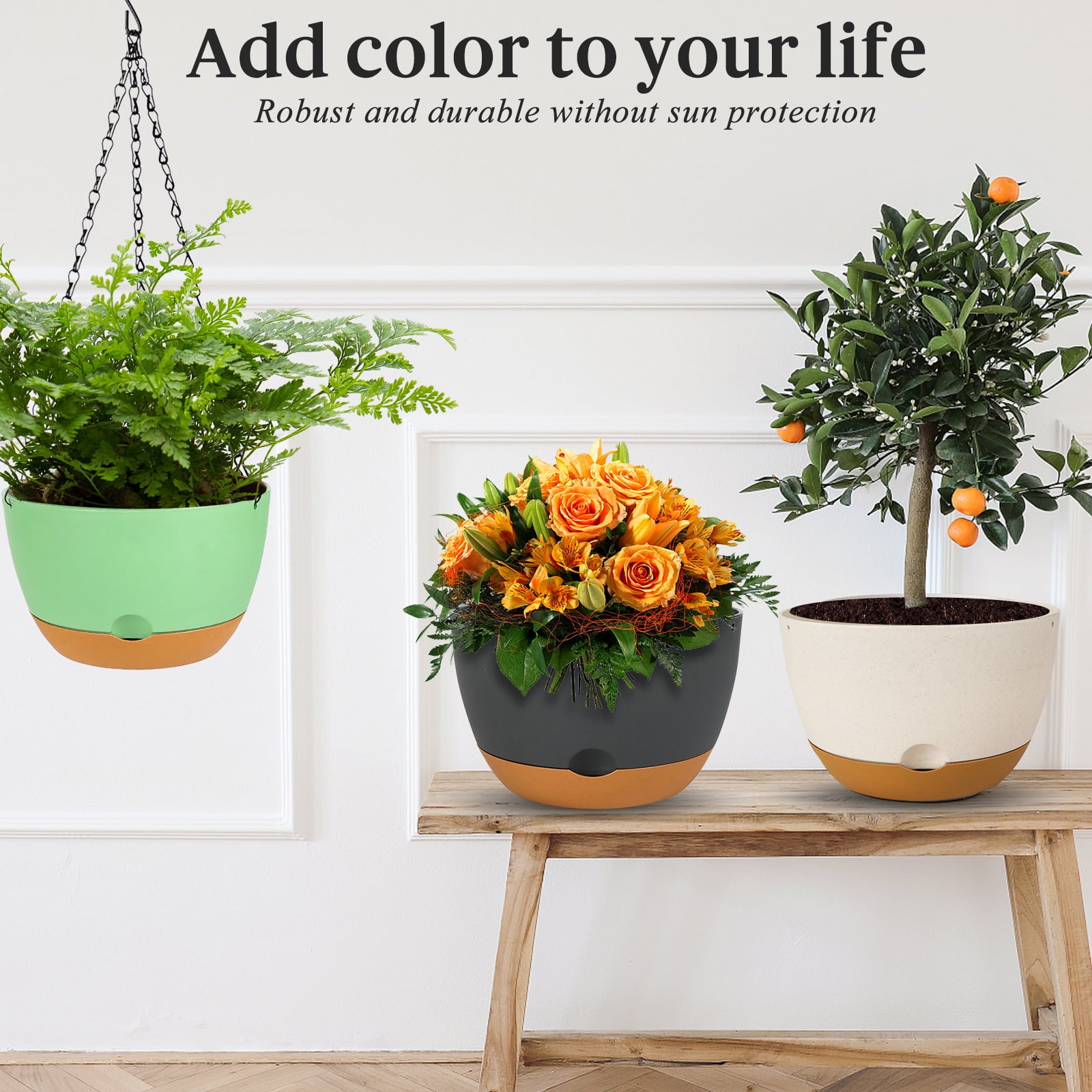 3 Pack Plastic Hanging Planters 8.3 Inch Hanging Flower Plant Pot with Drainage Hole for Indoor Outdoor