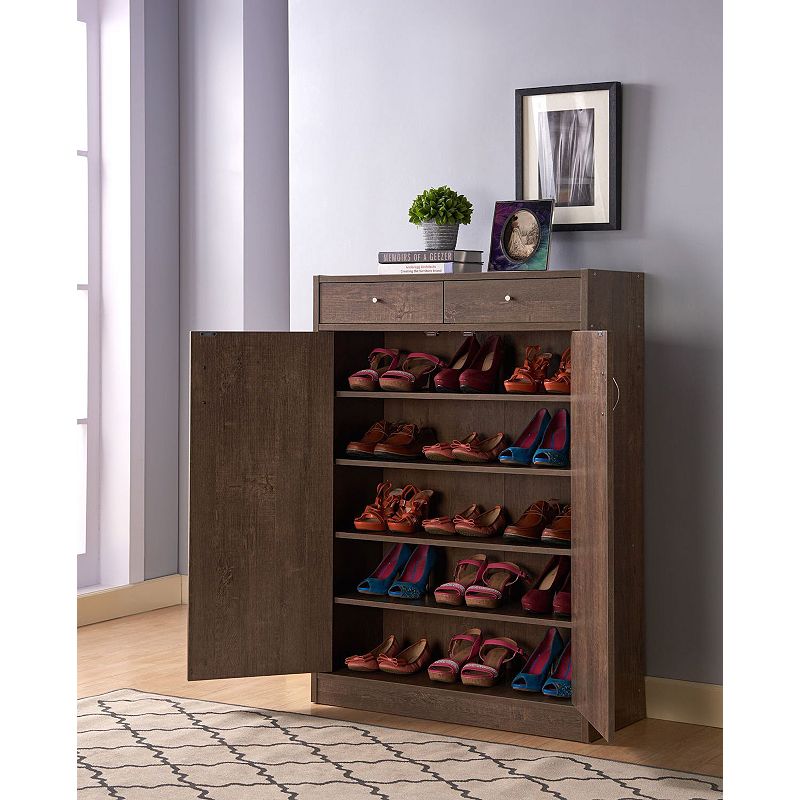 FC Design Walnut Oak Shoe Cabinet with 2 Top Drawers Organizer with Spacious Top