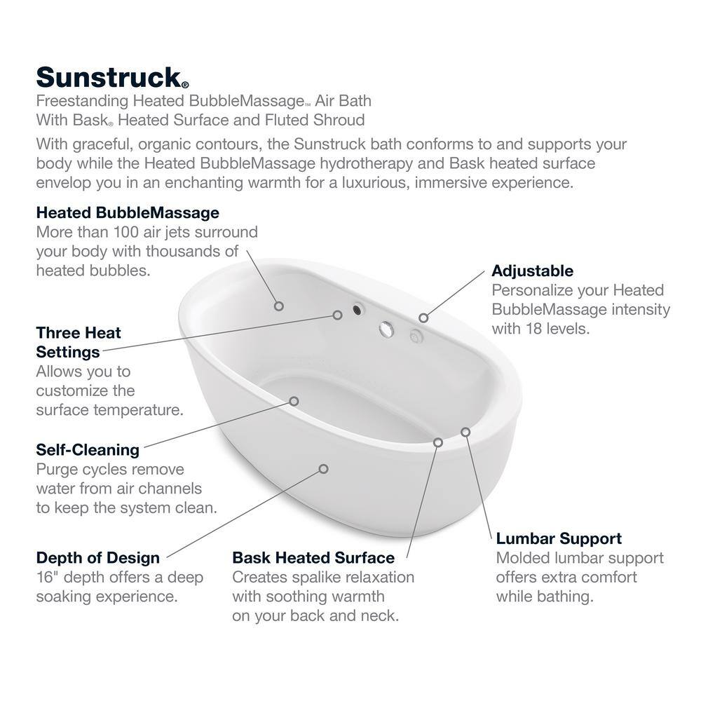 KOHLER Sunstruck 66 in. Acrylic Flatbottom Air Bath Bathtub with Fluted Shroud and Bask Heated Surface in White K-1967-GHW-0