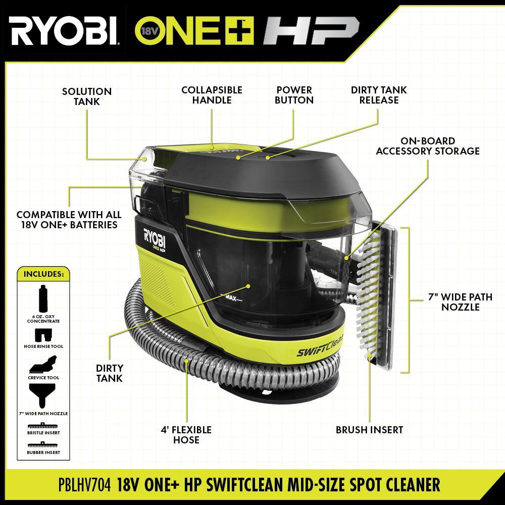 RYOBI ONE+ HP 18V Brushless Cordless SWIFTClean Mid-Size Spot Cleaner (Tool Only) PBLHV704B