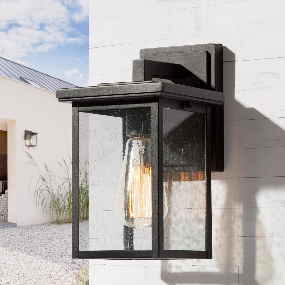 LNC 1-Light Matte Black Modern Outdoor Wall Lantern Sconce with Clear Seeded Glass Shade EYURAJHD1412097