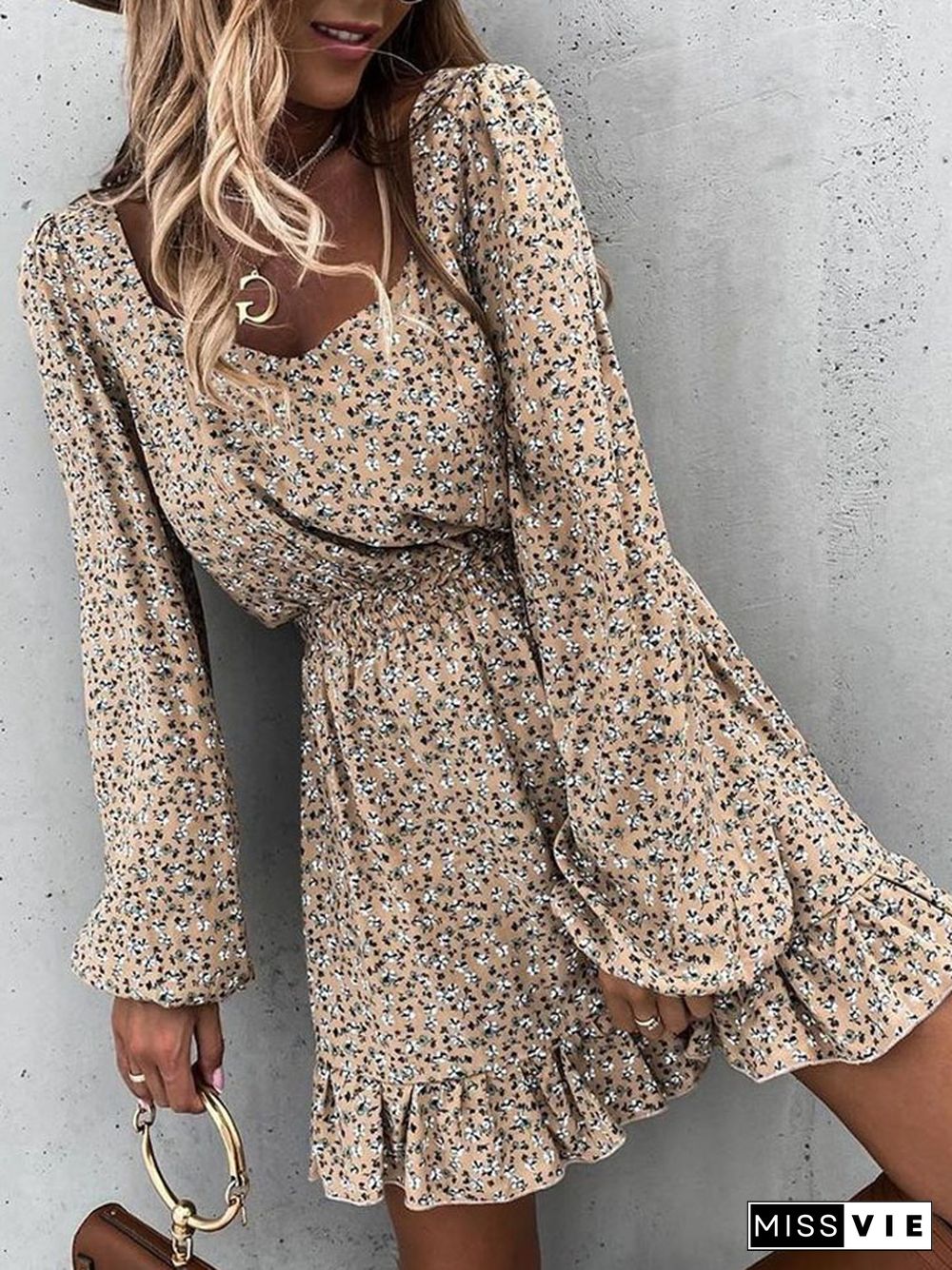 Long Sleeve Elastic Waist Ruffle Printed Dress