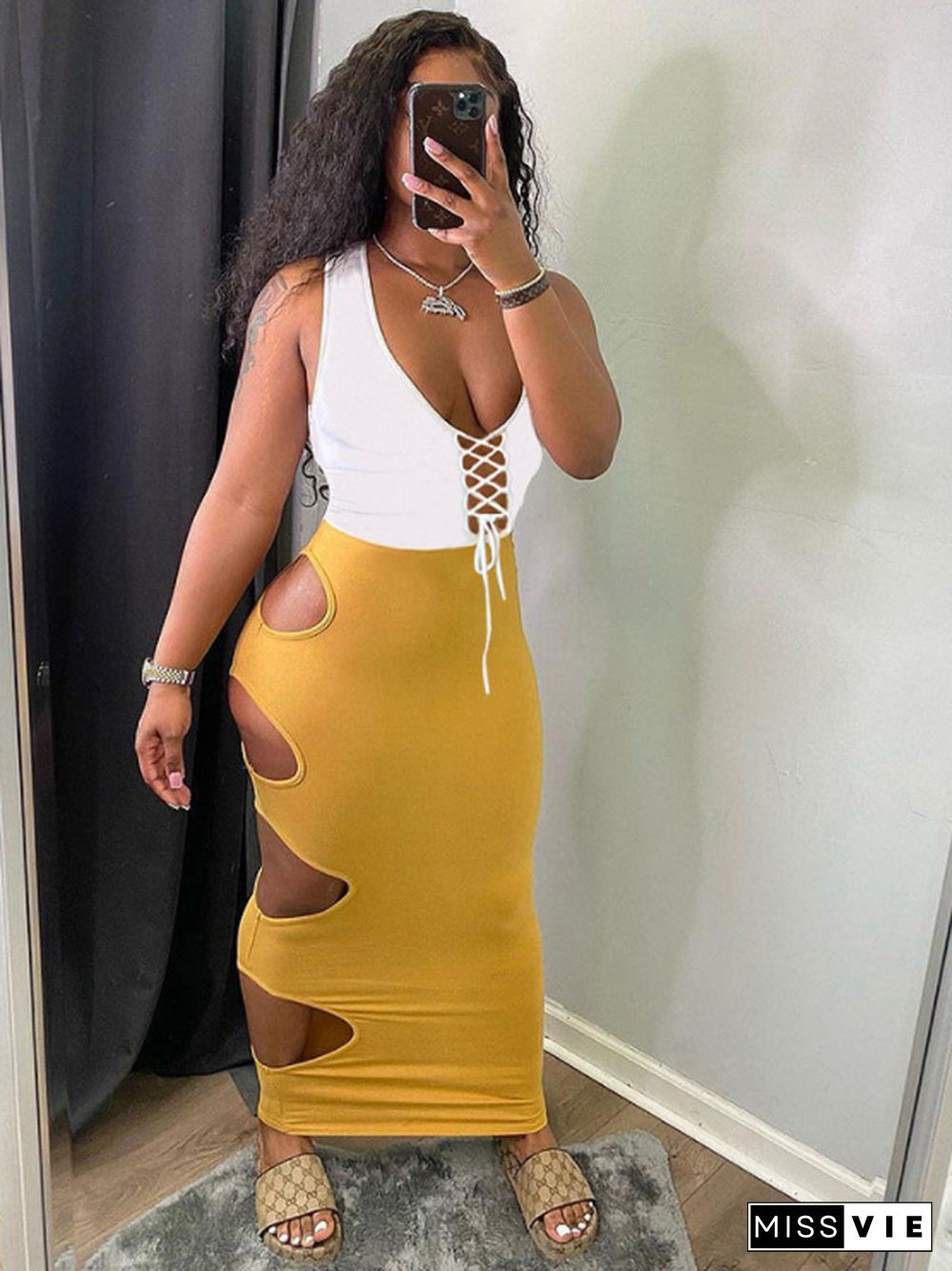 Patchwork Cut Out Sleeveless Bodycon Maxi Dress