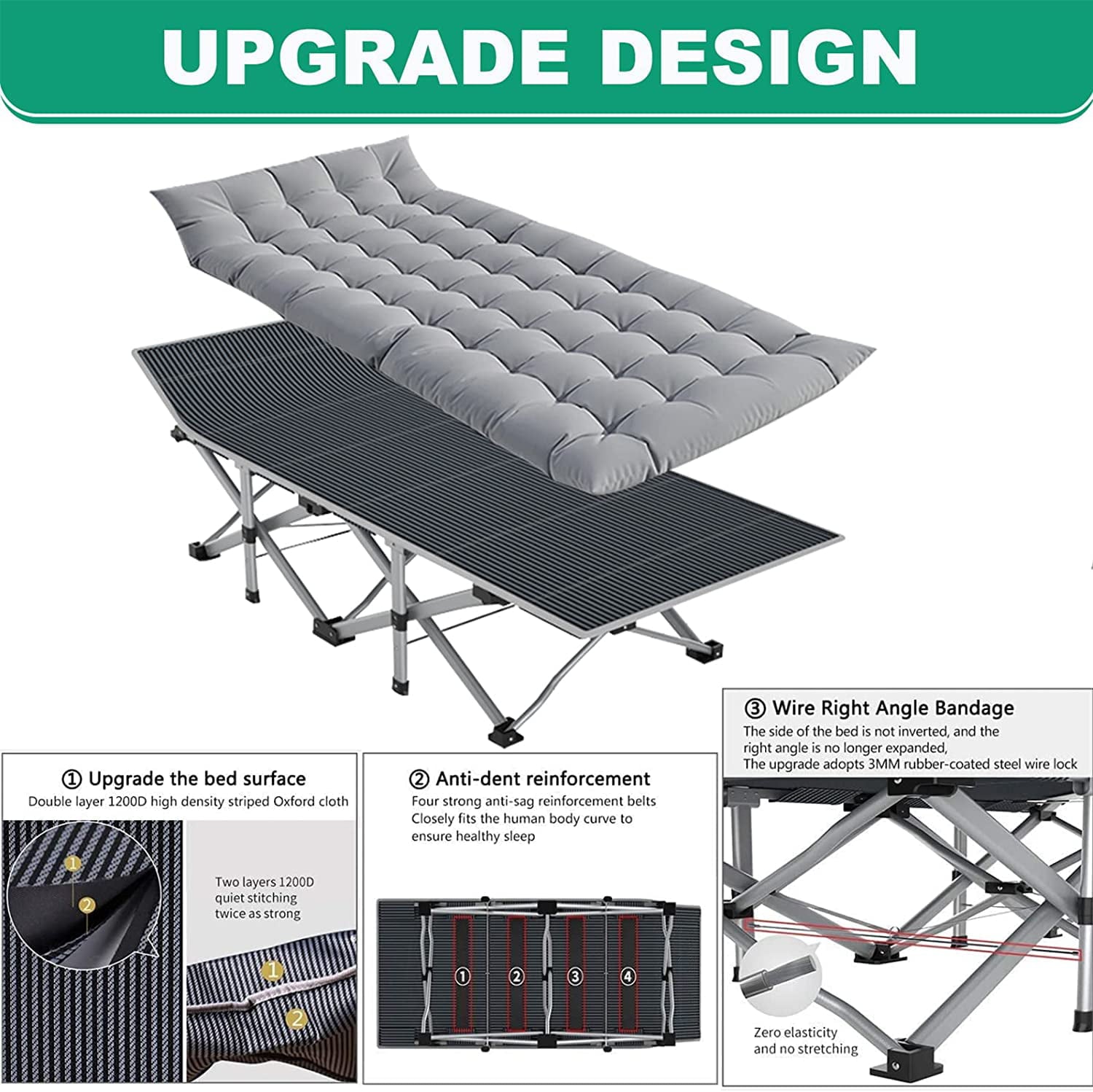 Ficisog Folding Camping Cot for Adults,Folding Cot Bed With detachable Mattress& Carry Bag,660lbs Double Layer Oxford Heavy Duty Tent Cot,Supports 660 lbs