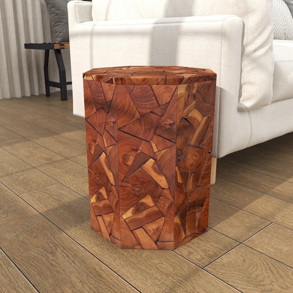 Brown Teak Wood Handmade Accent Table with Mosaic Wood Chip Design